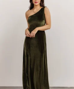 BB Custom Tatiana Velvet One Shoulder Maxi Dress | Olive Dresses