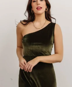 BB Custom Tatiana Velvet One Shoulder Maxi Dress | Olive Dresses