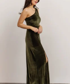 BB Custom Tatiana Velvet One Shoulder Maxi Dress | Olive Dresses