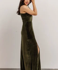 BB Custom Tatiana Velvet One Shoulder Maxi Dress | Olive Dresses