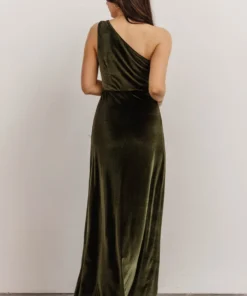 BB Custom Tatiana Velvet One Shoulder Maxi Dress | Olive Dresses
