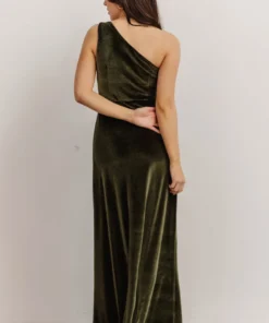 BB Custom Tatiana Velvet One Shoulder Maxi Dress | Olive Dresses