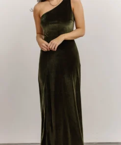 BB Custom Tatiana Velvet One Shoulder Maxi Dress | Olive Dresses