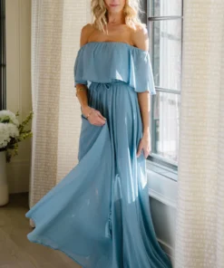BB Custom Victoria Off Shoulder Maxi Dress | Light Blue