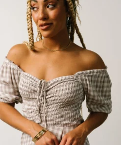 POL Addie Smocked Jumpsuit | Taupe Gingham Boho