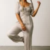 POL Addie Smocked Jumpsuit | Taupe Gingham Boho