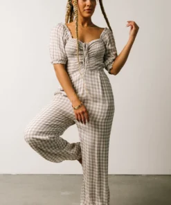 POL Addie Smocked Jumpsuit | Taupe Gingham Boho