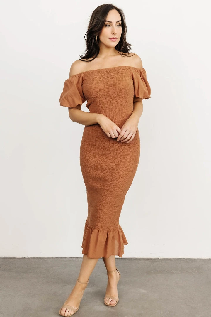 RR Alana Smocked Midi Dress | Mocha 1 RR Alana Smocked Midi Dress | Mocha