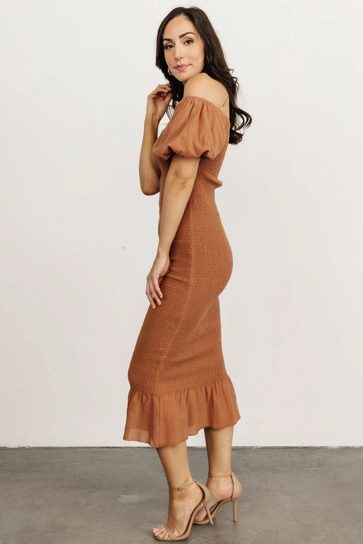 RR Alana Smocked Midi Dress | Mocha 4 RR Alana Smocked Midi Dress | Mocha