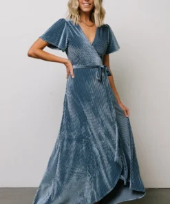 BB Custom Dresses Andi Ribbed Velvet Wrap Dress | Blue