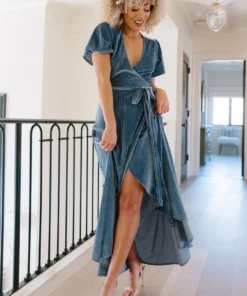 BB Custom Dresses Andi Ribbed Velvet Wrap Dress | Blue