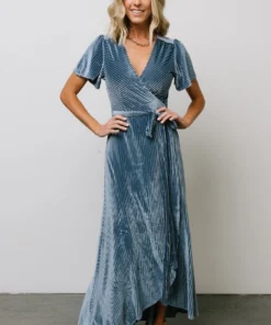 BB Custom Dresses Andi Ribbed Velvet Wrap Dress | Blue
