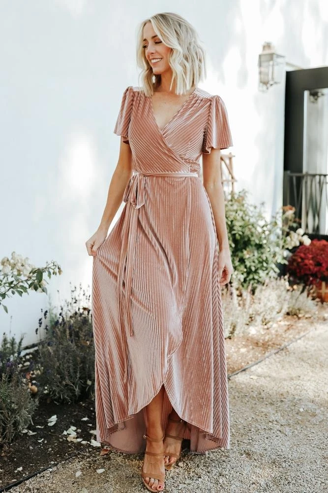 BB Custom Andi Ribbed Velvet Wrap Dress | Champagne Dresses 1 BB Custom Andi Ribbed Velvet Wrap Dress | Champagne Dresses