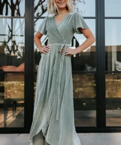 BB Custom Andi Ribbed Velvet Wrap Dress | Dusty Sage