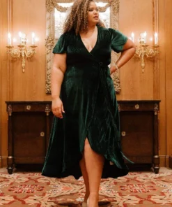 BB Custom Andi Ribbed Velvet Wrap Dress | Emerald