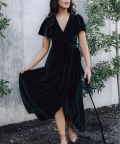 BB Custom Andi Ribbed Velvet Wrap Dress | Emerald