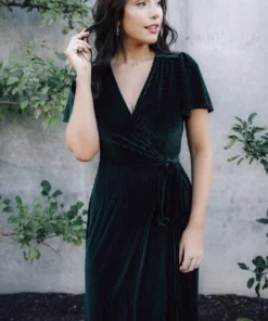 BB Custom Andi Ribbed Velvet Wrap Dress | Emerald