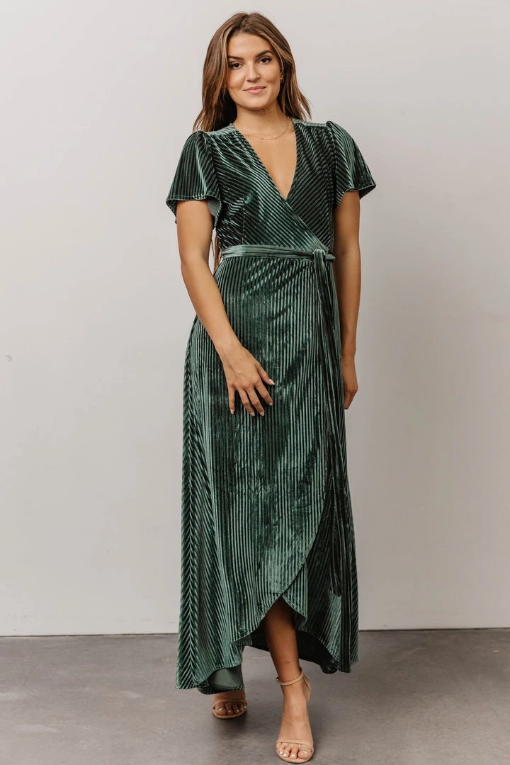 BB Custom Dresses Andi Ribbed Velvet Wrap Dress | Green 7 BB Custom Dresses Andi Ribbed Velvet Wrap Dress | Green