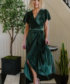 BB Custom Dresses Andi Ribbed Velvet Wrap Dress | Green