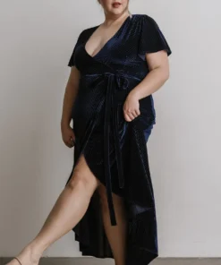 BB Custom Andi Ribbed Velvet Wrap Dress | Navy