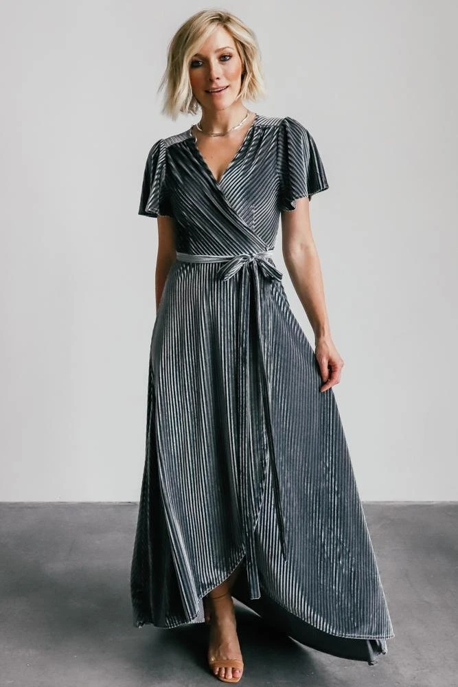 BB Custom Andi Ribbed Velvet Wrap Dress | Pewter Dresses 1 BB Custom Andi Ribbed Velvet Wrap Dress | Pewter Dresses