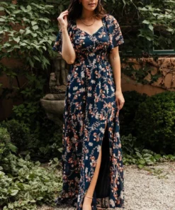 BB Custom Dresses April Sweetheart Maxi Dress | Dark Blue Floral