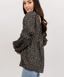 HAY Asha Smocked Boho Top | Black Floral Tops