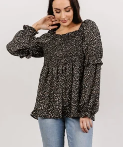 HAY Asha Smocked Boho Top | Black Floral Tops