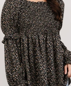 HAY Asha Smocked Boho Top | Black Floral Tops