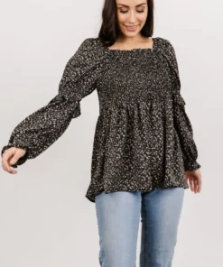 HAY Asha Smocked Boho Top | Black Floral Tops