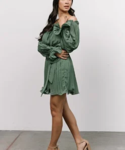 FT Aubrey Off Shoulder Pleated Mini Dress | Green