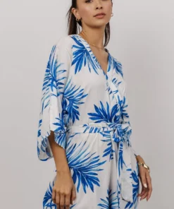 FT Banyan Kimono Romper | White + Blue Palm Print Boho 12 FT Banyan Kimono Romper | White + Blue Palm Print Boho