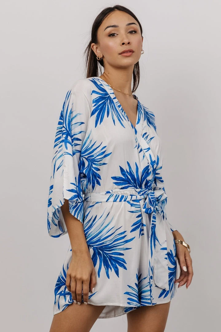 FT Banyan Kimono Romper | White + Blue Palm Print Boho 6 FT Banyan Kimono Romper | White + Blue Palm Print Boho