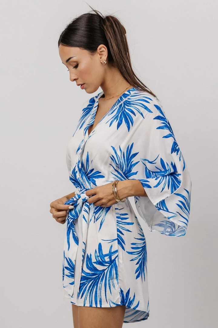FT Banyan Kimono Romper | White + Blue Palm Print Boho 5 FT Banyan Kimono Romper | White + Blue Palm Print Boho