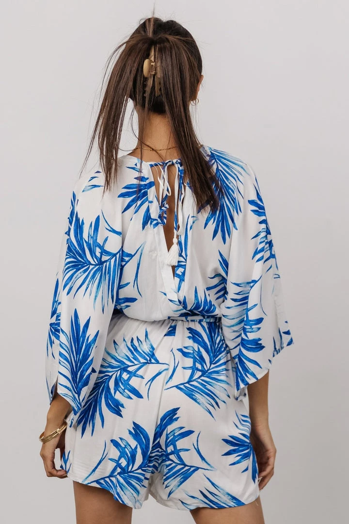 FT Banyan Kimono Romper | White + Blue Palm Print Boho 4 FT Banyan Kimono Romper | White + Blue Palm Print Boho