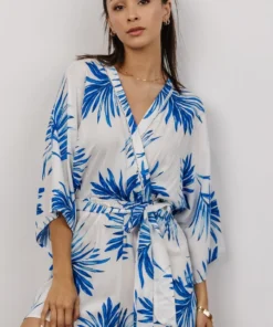 FT Banyan Kimono Romper | White + Blue Palm Print Boho 9 FT Banyan Kimono Romper | White + Blue Palm Print Boho