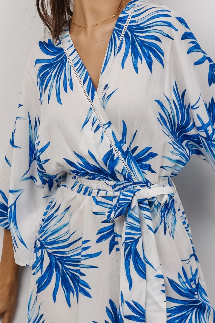 FT Banyan Kimono Romper | White + Blue Palm Print Boho 2 FT Banyan Kimono Romper | White + Blue Palm Print Boho