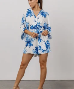 FT Banyan Kimono Romper | White + Blue Palm Print Boho 13 FT Banyan Kimono Romper | White + Blue Palm Print Boho