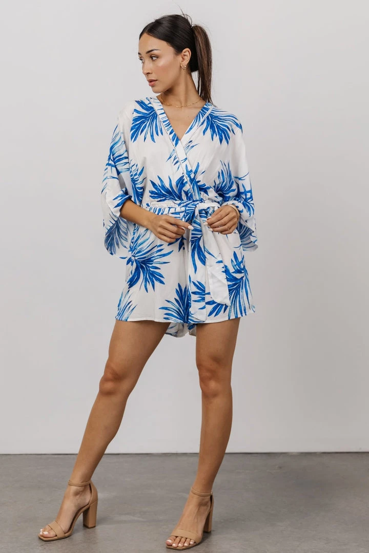 FT Banyan Kimono Romper | White + Blue Palm Print Boho 7 FT Banyan Kimono Romper | White + Blue Palm Print Boho