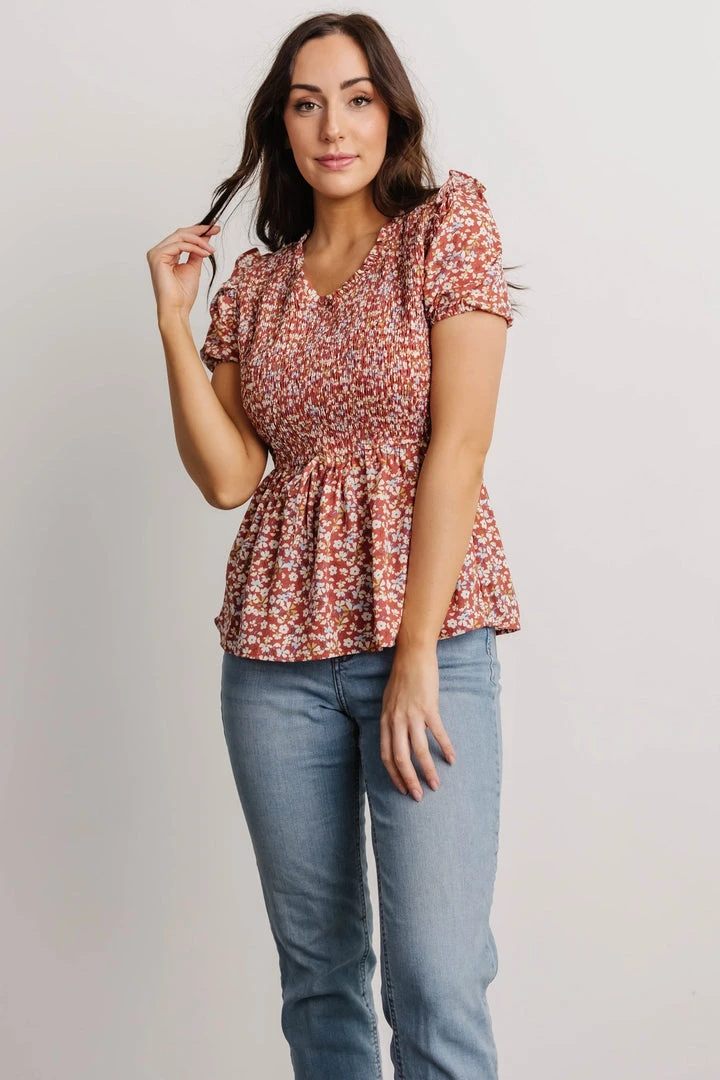 HAY Beatrix Smocked Top | Rust Floral Tops 2 HAY Beatrix Smocked Top | Rust Floral Tops