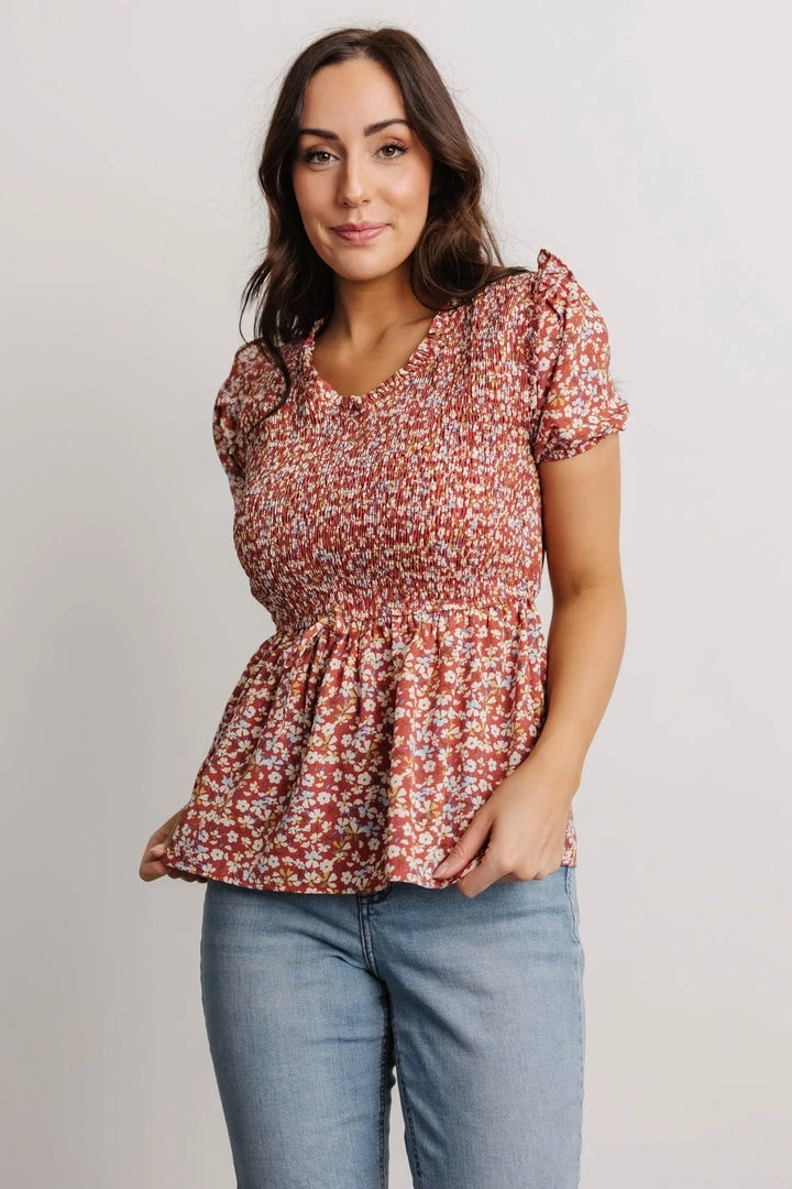 HAY Beatrix Smocked Top | Rust Floral Tops 1 HAY Beatrix Smocked Top | Rust Floral Tops