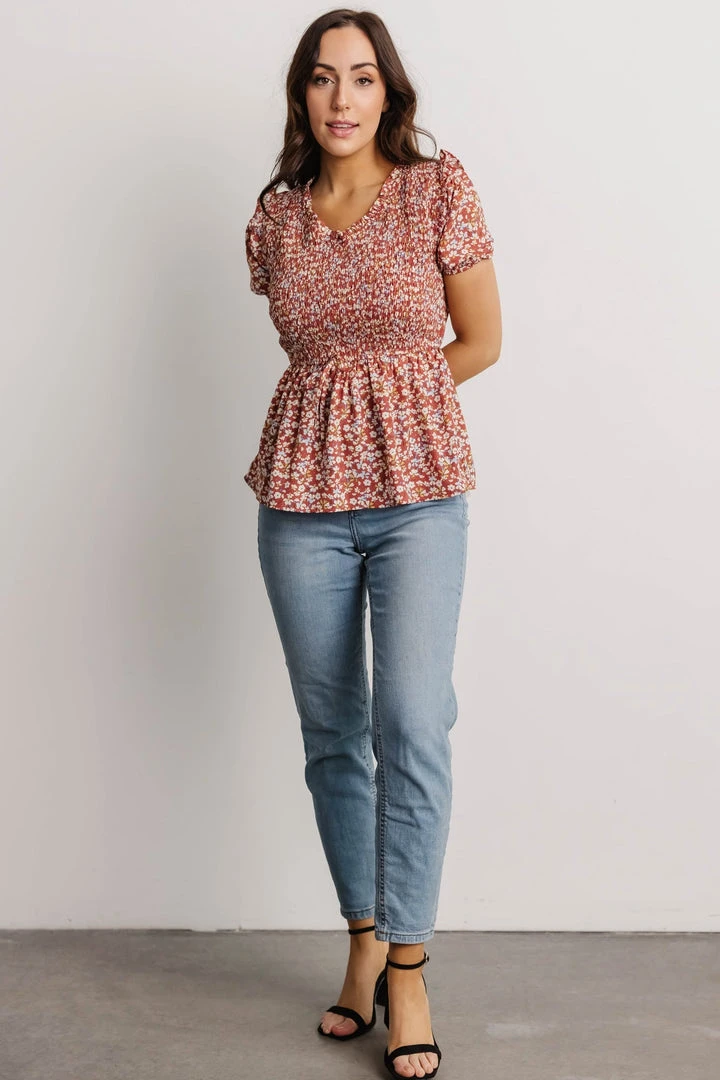 HAY Beatrix Smocked Top | Rust Floral Tops 3 HAY Beatrix Smocked Top | Rust Floral Tops