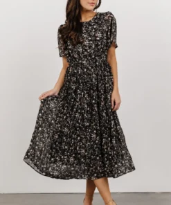 HAY Belfast Pleated Midi Dress | Black Floral Dresses