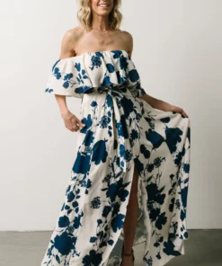Soi Dresses Berlynn Off Shoulder Maxi Dress | Cream + Navy Floral