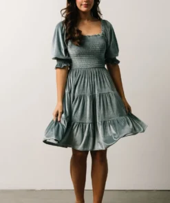 BB Custom Dresses Bliss Smocked Velvet Short Dress | Dusty Blue