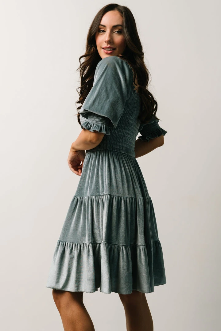 BB Custom Dresses Bliss Smocked Velvet Short Dress | Dusty Blue 8 BB Custom Dresses Bliss Smocked Velvet Short Dress | Dusty Blue