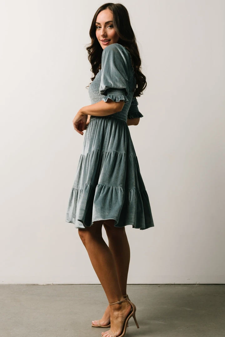 BB Custom Dresses Bliss Smocked Velvet Short Dress | Dusty Blue 6 BB Custom Dresses Bliss Smocked Velvet Short Dress | Dusty Blue