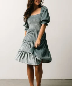 BB Custom Dresses Bliss Smocked Velvet Short Dress | Dusty Blue 12 BB Custom Dresses Bliss Smocked Velvet Short Dress | Dusty Blue