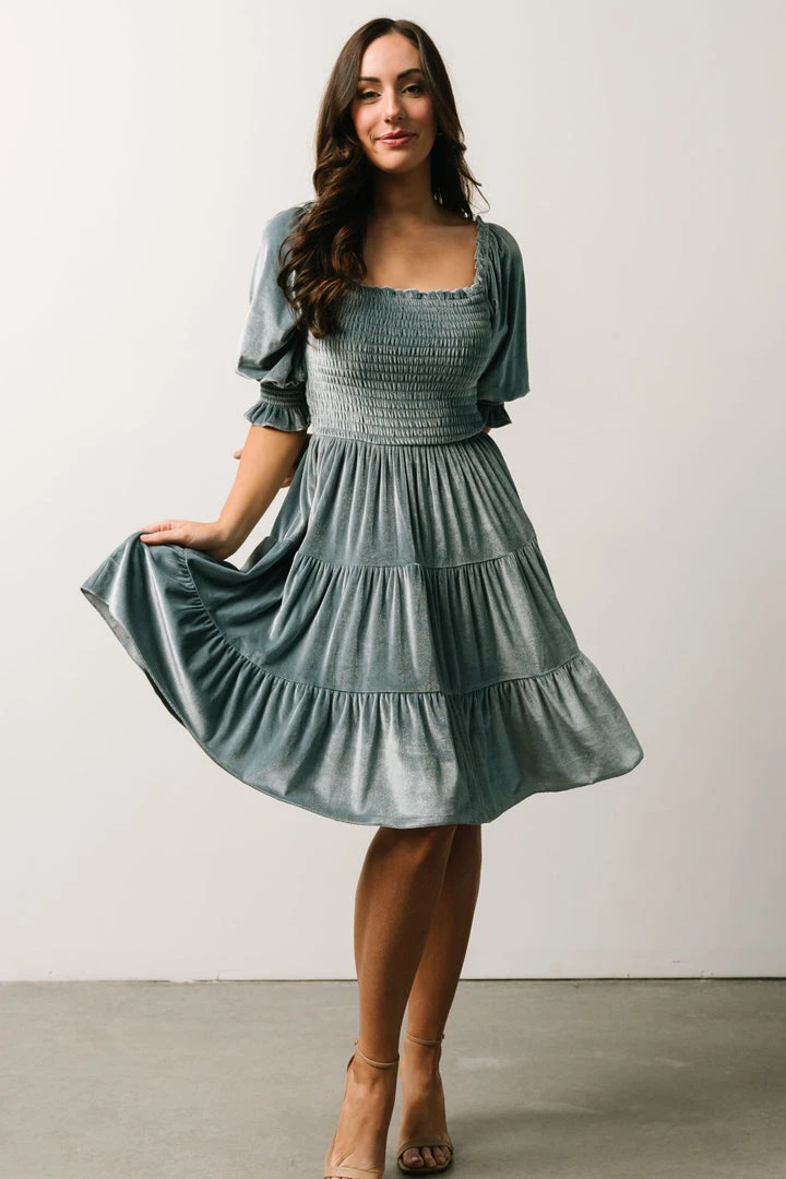 BB Custom Dresses Bliss Smocked Velvet Short Dress | Dusty Blue 9 BB Custom Dresses Bliss Smocked Velvet Short Dress | Dusty Blue