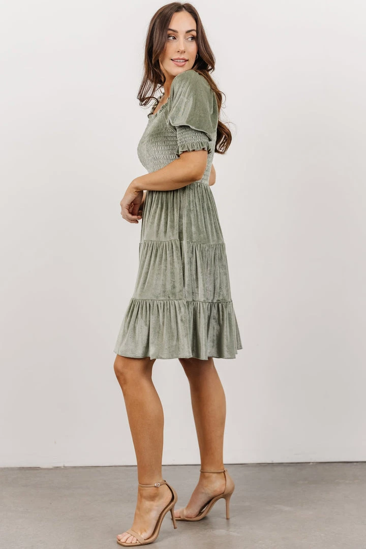 BB Custom Bliss Smocked Velvet Short Dress | Dusty Sage 5 BB Custom Bliss Smocked Velvet Short Dress | Dusty Sage